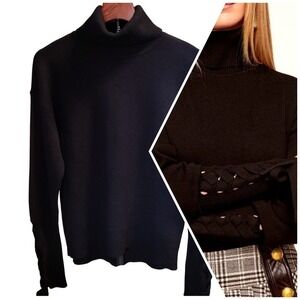 Ramy Brook Walt Black Turtleneck Sweater Tie Sleeve M Wool Cashmere Quiet Luxury